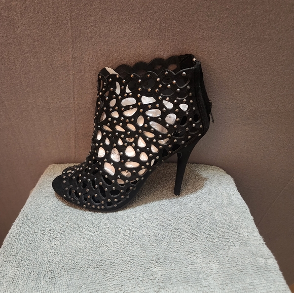 Macys Black High Heel Stappy Bootie with Zipper with Rhinestones - Picture 9 of 16